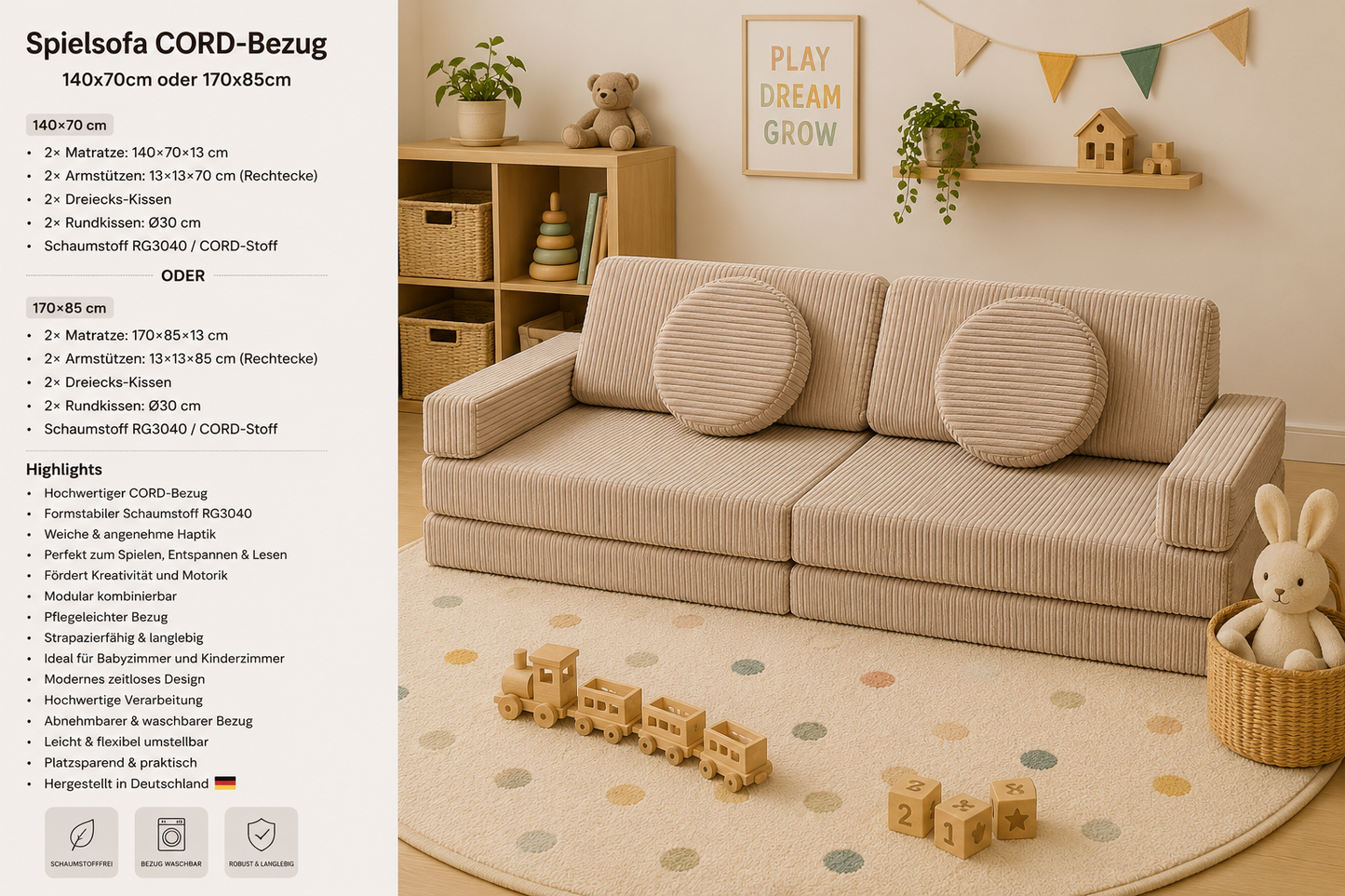 Spielsofa mit CORD-Bezug – 140 × 70 cm