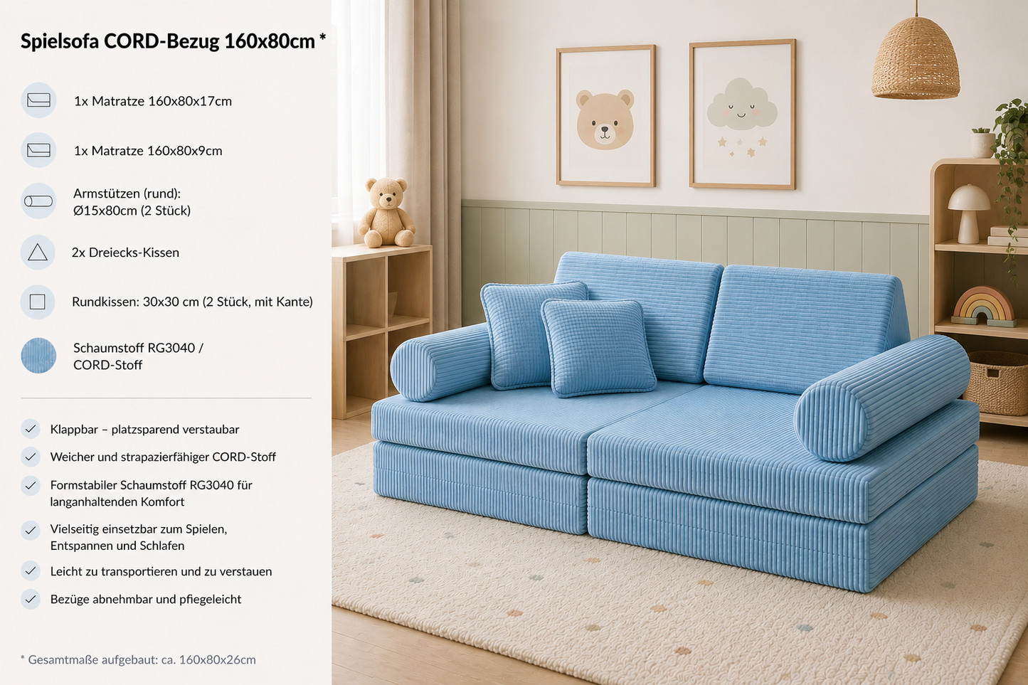 Spielsofa mit CORD-Bezug – 160 × 80 cm mit Kissen