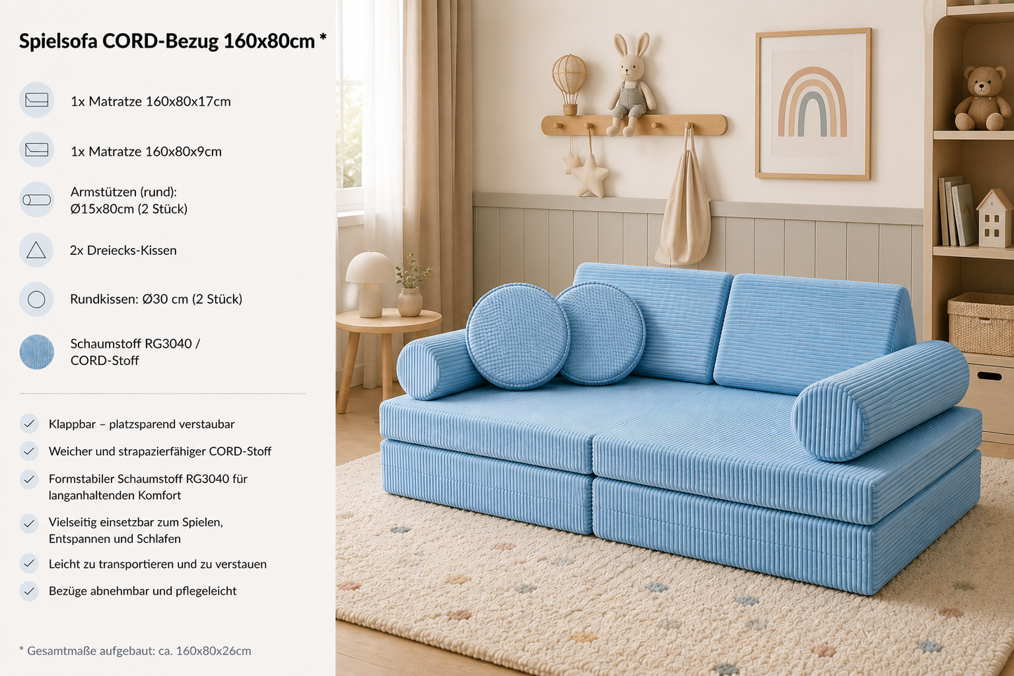 Spielsofa mit CORD-Bezug – 160 × 80 cm mit Rundkissen